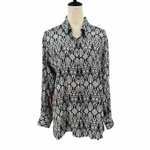 Avani Black & White Print Contrast Mixed Media Long Sleeve Button Up Shirt